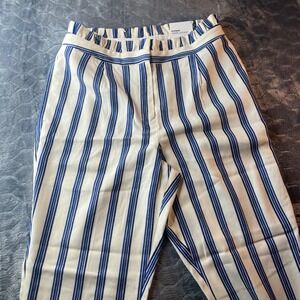 Express Womens 8R High Rise Ankle Paperbag Waist Striped Pants Cream Blue NEW